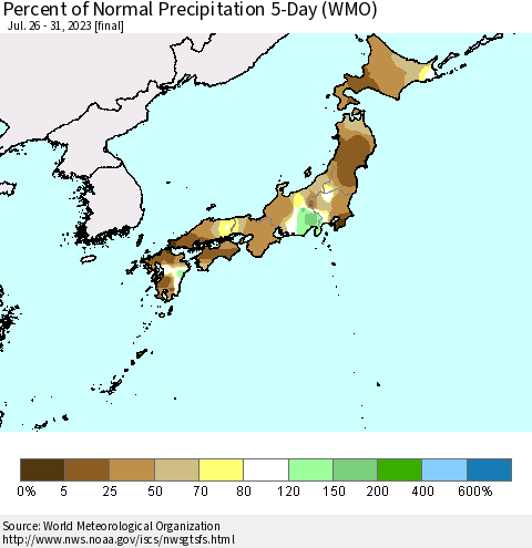 Japan Percent of Normal Precipitation 5-Day (WMO) Thematic Map For 7/26/2023 - 7/31/2023