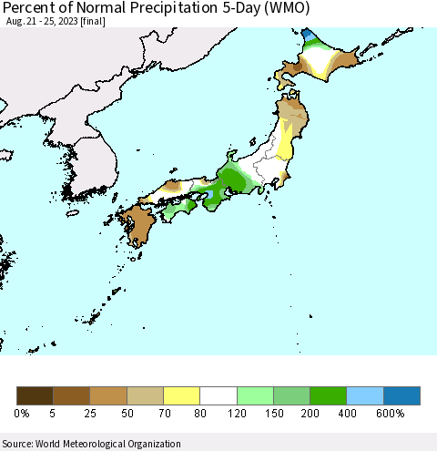 Japan Percent of Normal Precipitation 5-Day (WMO) Thematic Map For 8/21/2023 - 8/25/2023