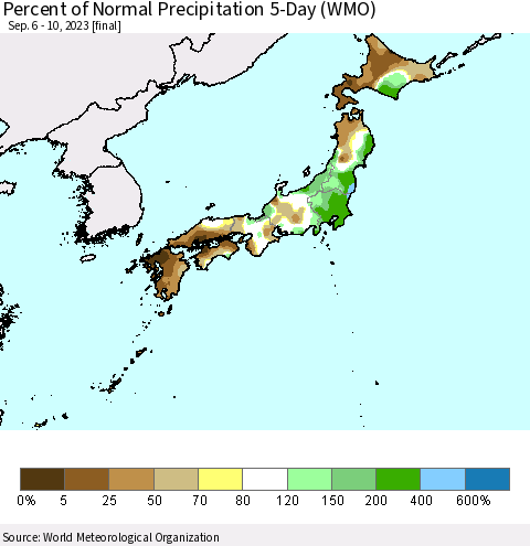 Japan Percent of Normal Precipitation 5-Day (WMO) Thematic Map For 9/6/2023 - 9/10/2023