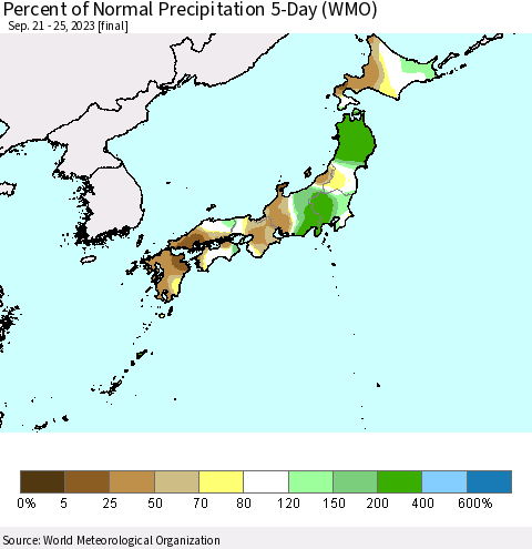 Japan Percent of Normal Precipitation 5-Day (WMO) Thematic Map For 9/21/2023 - 9/25/2023