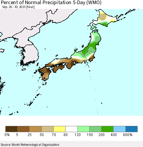 Japan Percent of Normal Precipitation 5-Day (WMO) Thematic Map For 9/26/2023 - 9/30/2023