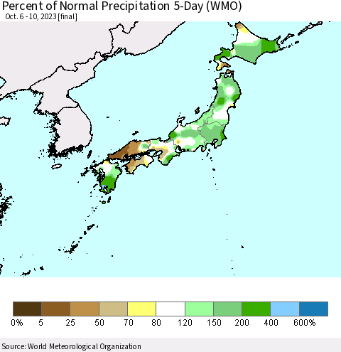 Japan Percent of Normal Precipitation 5-Day (WMO) Thematic Map For 10/6/2023 - 10/10/2023