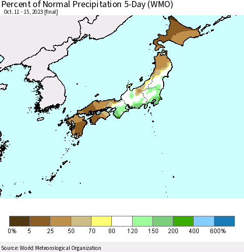 Japan Percent of Normal Precipitation 5-Day (WMO) Thematic Map For 10/11/2023 - 10/15/2023
