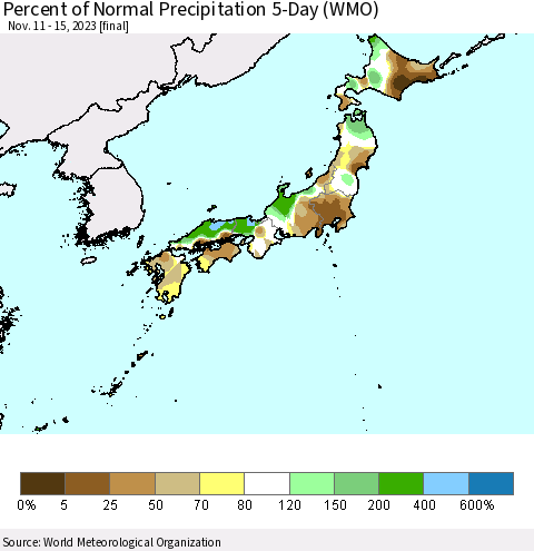 Japan Percent of Normal Precipitation 5-Day (WMO) Thematic Map For 11/11/2023 - 11/15/2023