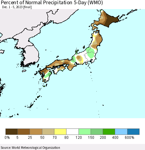 Japan Percent of Normal Precipitation 5-Day (WMO) Thematic Map For 12/1/2023 - 12/5/2023