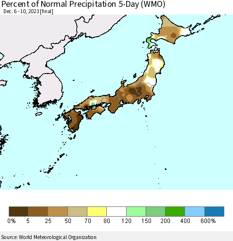 Japan Percent of Normal Precipitation 5-Day (WMO) Thematic Map For 12/6/2023 - 12/10/2023