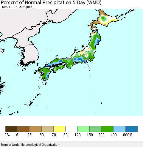 Japan Percent of Normal Precipitation 5-Day (WMO) Thematic Map For 12/11/2023 - 12/15/2023