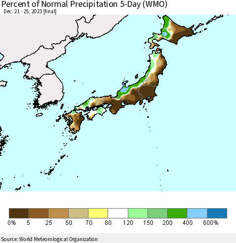 Japan Percent of Normal Precipitation 5-Day (WMO) Thematic Map For 12/21/2023 - 12/25/2023