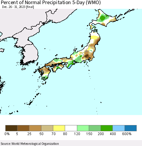 Japan Percent of Normal Precipitation 5-Day (WMO) Thematic Map For 12/26/2023 - 12/31/2023