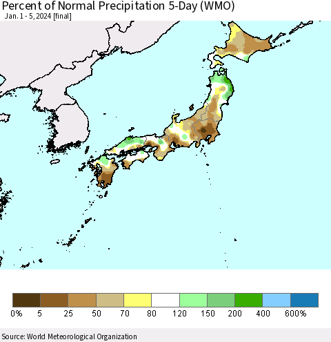 Japan Percent of Normal Precipitation 5-Day (WMO) Thematic Map For 1/1/2024 - 1/5/2024