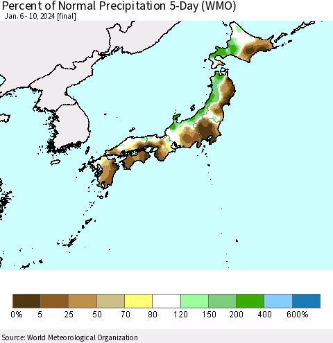 Japan Percent of Normal Precipitation 5-Day (WMO) Thematic Map For 1/6/2024 - 1/10/2024