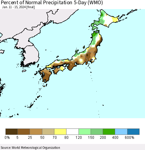 Japan Percent of Normal Precipitation 5-Day (WMO) Thematic Map For 1/11/2024 - 1/15/2024