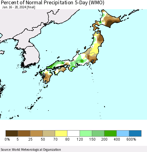 Japan Percent of Normal Precipitation 5-Day (WMO) Thematic Map For 1/16/2024 - 1/20/2024