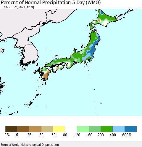 Japan Percent of Normal Precipitation 5-Day (WMO) Thematic Map For 1/21/2024 - 1/25/2024