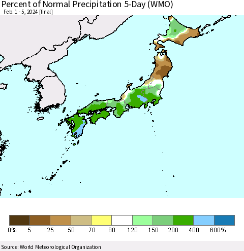 Japan Percent of Normal Precipitation 5-Day (WMO) Thematic Map For 2/1/2024 - 2/5/2024