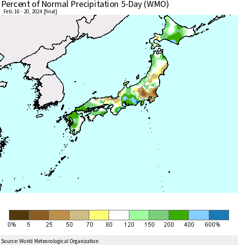 Japan Percent of Normal Precipitation 5-Day (WMO) Thematic Map For 2/16/2024 - 2/20/2024