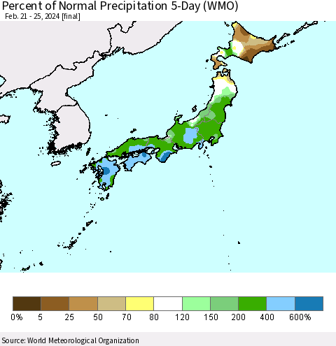 Japan Percent of Normal Precipitation 5-Day (WMO) Thematic Map For 2/21/2024 - 2/25/2024