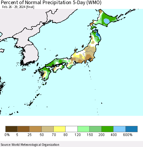 Japan Percent of Normal Precipitation 5-Day (WMO) Thematic Map For 2/26/2024 - 2/29/2024
