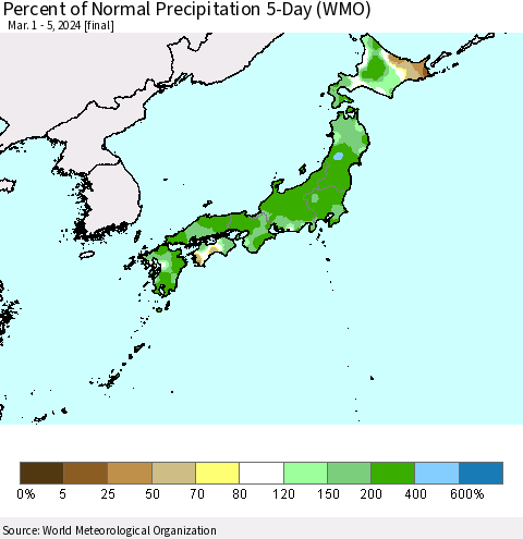 Japan Percent of Normal Precipitation 5-Day (WMO) Thematic Map For 3/1/2024 - 3/5/2024