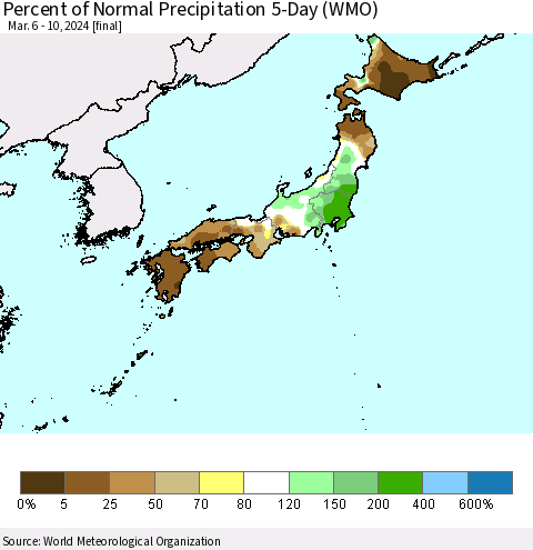 Japan Percent of Normal Precipitation 5-Day (WMO) Thematic Map For 3/6/2024 - 3/10/2024