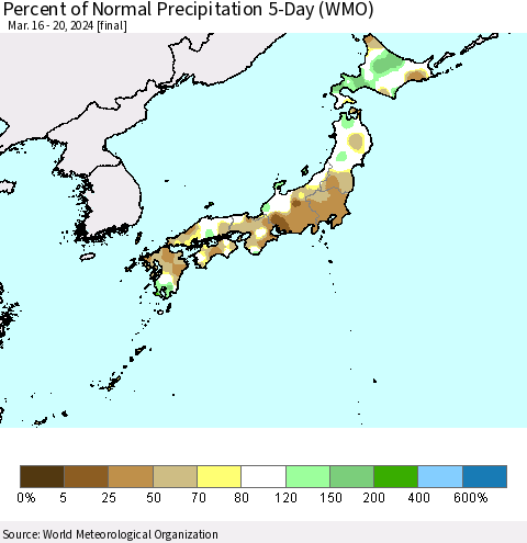 Japan Percent of Normal Precipitation 5-Day (WMO) Thematic Map For 3/16/2024 - 3/20/2024
