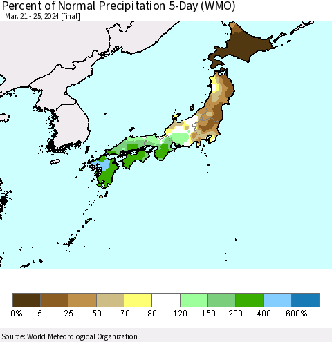 Japan Percent of Normal Precipitation 5-Day (WMO) Thematic Map For 3/21/2024 - 3/25/2024