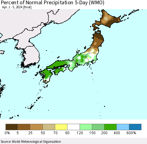 Japan Percent of Normal Precipitation 5-Day (WMO) Thematic Map For 4/1/2024 - 4/5/2024