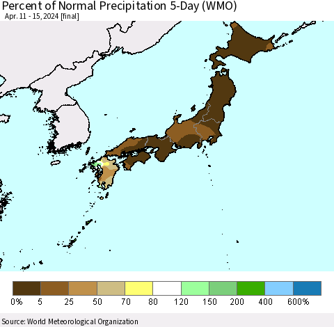 Japan Percent of Normal Precipitation 5-Day (WMO) Thematic Map For 4/11/2024 - 4/15/2024