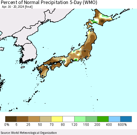 Japan Percent of Normal Precipitation 5-Day (WMO) Thematic Map For 4/16/2024 - 4/20/2024