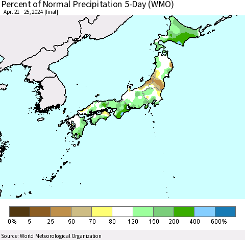 Japan Percent of Normal Precipitation 5-Day (WMO) Thematic Map For 4/21/2024 - 4/25/2024