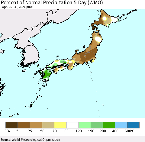 Japan Percent of Normal Precipitation 5-Day (WMO) Thematic Map For 4/26/2024 - 4/30/2024