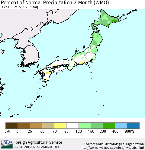 Japan Percent of Normal Precipitation 2-Month (WMO) Thematic Map For 10/6/2021 - 12/5/2021