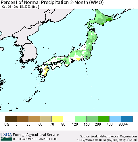 Japan Percent of Normal Precipitation 2-Month (WMO) Thematic Map For 10/16/2021 - 12/15/2021