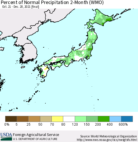 Japan Percent of Normal Precipitation 2-Month (WMO) Thematic Map For 10/21/2021 - 12/20/2021