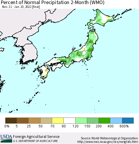 Japan Percent of Normal Precipitation 2-Month (WMO) Thematic Map For 11/11/2021 - 1/10/2022