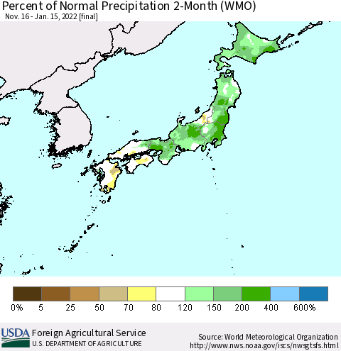 Japan Percent of Normal Precipitation 2-Month (WMO) Thematic Map For 11/16/2021 - 1/15/2022