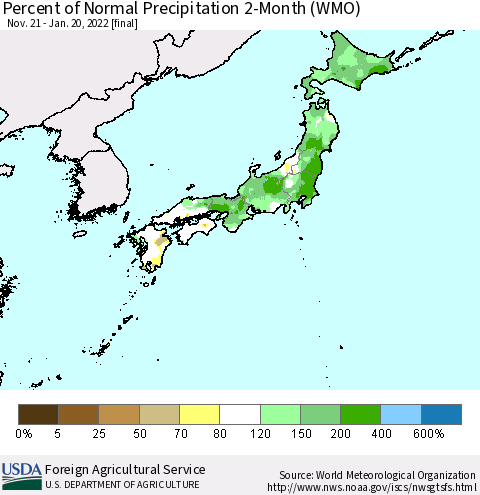 Japan Percent of Normal Precipitation 2-Month (WMO) Thematic Map For 11/21/2021 - 1/20/2022