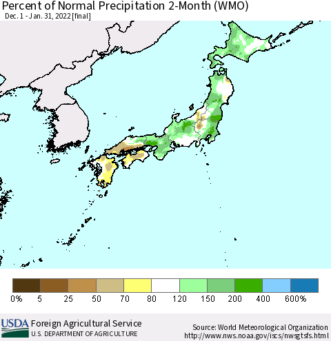 Japan Percent of Normal Precipitation 2-Month (WMO) Thematic Map For 12/1/2021 - 1/31/2022