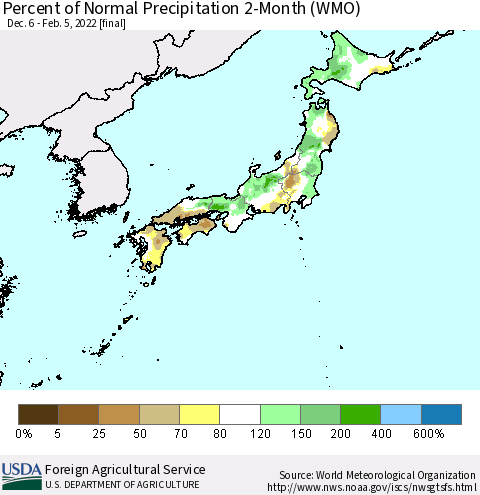 Japan Percent of Normal Precipitation 2-Month (WMO) Thematic Map For 12/6/2021 - 2/5/2022