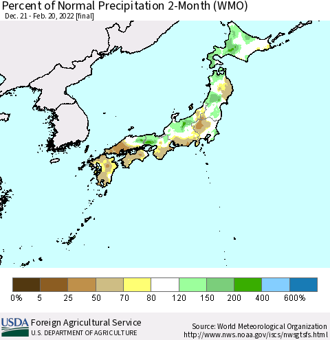 Japan Percent of Normal Precipitation 2-Month (WMO) Thematic Map For 12/21/2021 - 2/20/2022
