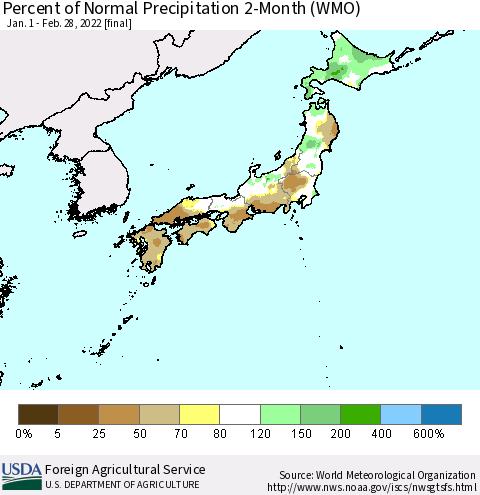 Japan Percent of Normal Precipitation 2-Month (WMO) Thematic Map For 1/1/2022 - 2/28/2022