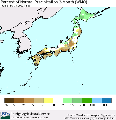 Japan Percent of Normal Precipitation 2-Month (WMO) Thematic Map For 1/6/2022 - 3/5/2022