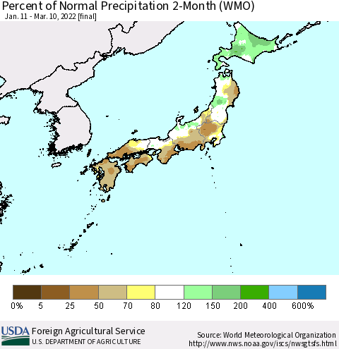 Japan Percent of Normal Precipitation 2-Month (WMO) Thematic Map For 1/11/2022 - 3/10/2022