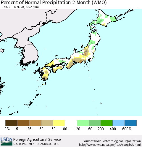 Japan Percent of Normal Precipitation 2-Month (WMO) Thematic Map For 1/21/2022 - 3/20/2022
