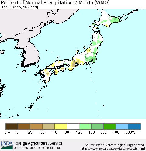 Japan Percent of Normal Precipitation 2-Month (WMO) Thematic Map For 2/6/2022 - 4/5/2022