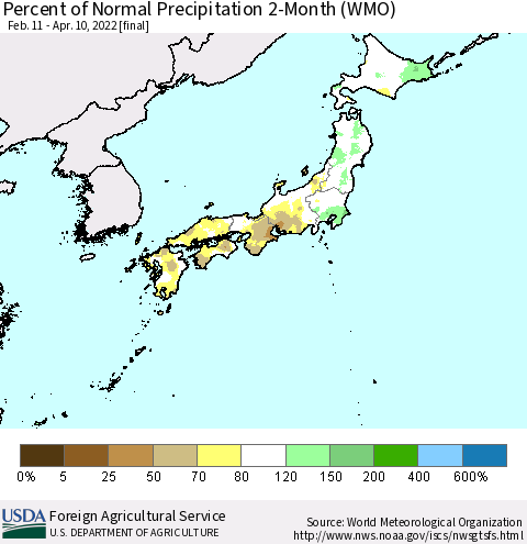 Japan Percent of Normal Precipitation 2-Month (WMO) Thematic Map For 2/11/2022 - 4/10/2022