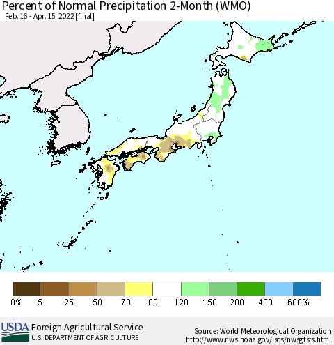 Japan Percent of Normal Precipitation 2-Month (WMO) Thematic Map For 2/16/2022 - 4/15/2022