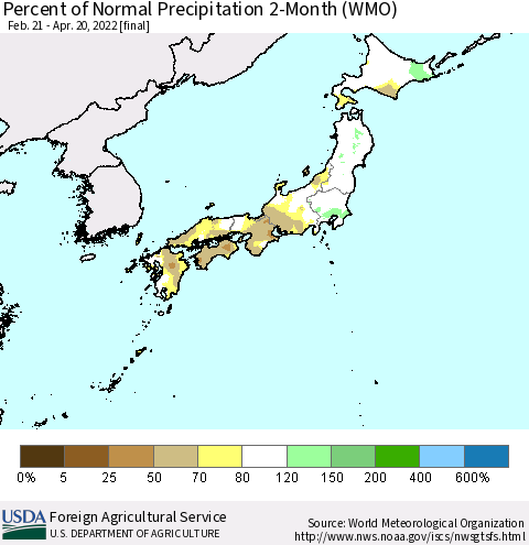 Japan Percent of Normal Precipitation 2-Month (WMO) Thematic Map For 2/21/2022 - 4/20/2022
