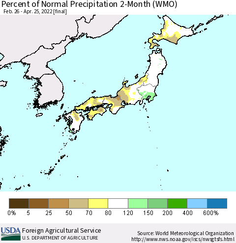 Japan Percent of Normal Precipitation 2-Month (WMO) Thematic Map For 2/26/2022 - 4/25/2022