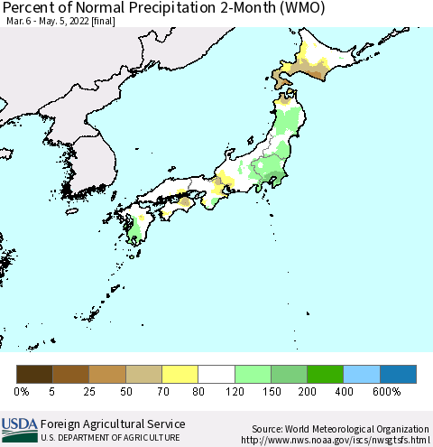 Japan Percent of Normal Precipitation 2-Month (WMO) Thematic Map For 3/6/2022 - 5/5/2022